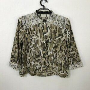 Chico's Jacket Size 1 Lightweight Animal Print 3/4 Sleeve Multicolor Lace Accent